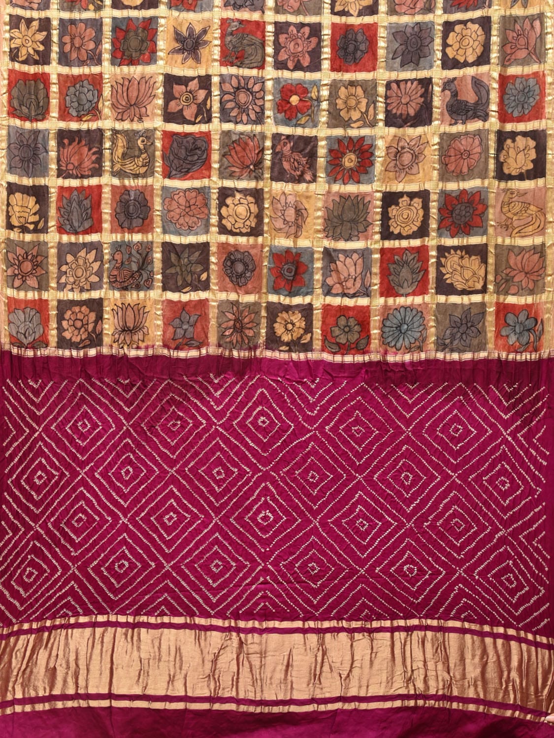 Purple Bandhani Kanchipuram Silk Handloom Saree with Kalamkari Checks Design bn0481