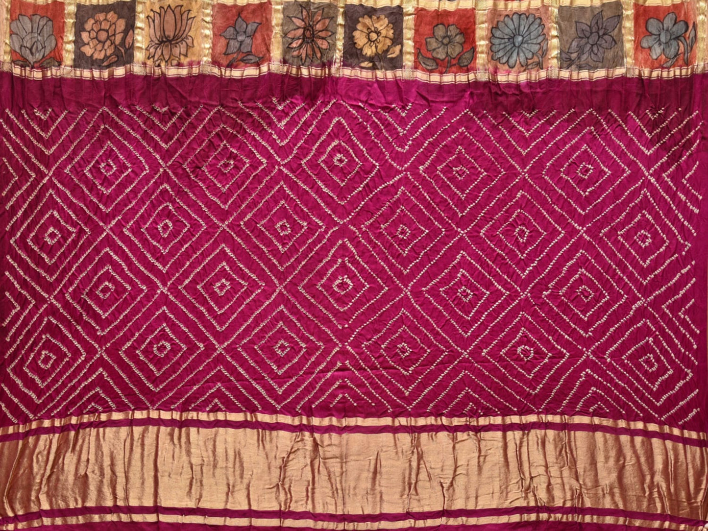 Purple Bandhani Kanchipuram Silk Handloom Saree with Kalamkari Checks Design bn0481