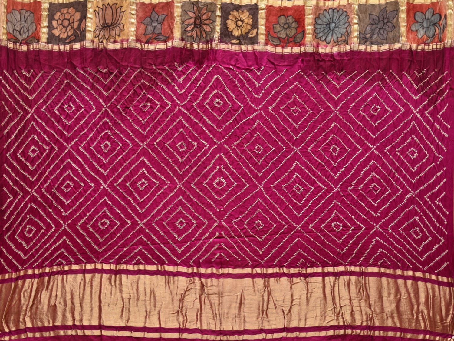 Purple Bandhani Kanchipuram Silk Handloom Saree with Kalamkari Checks Design bn0481