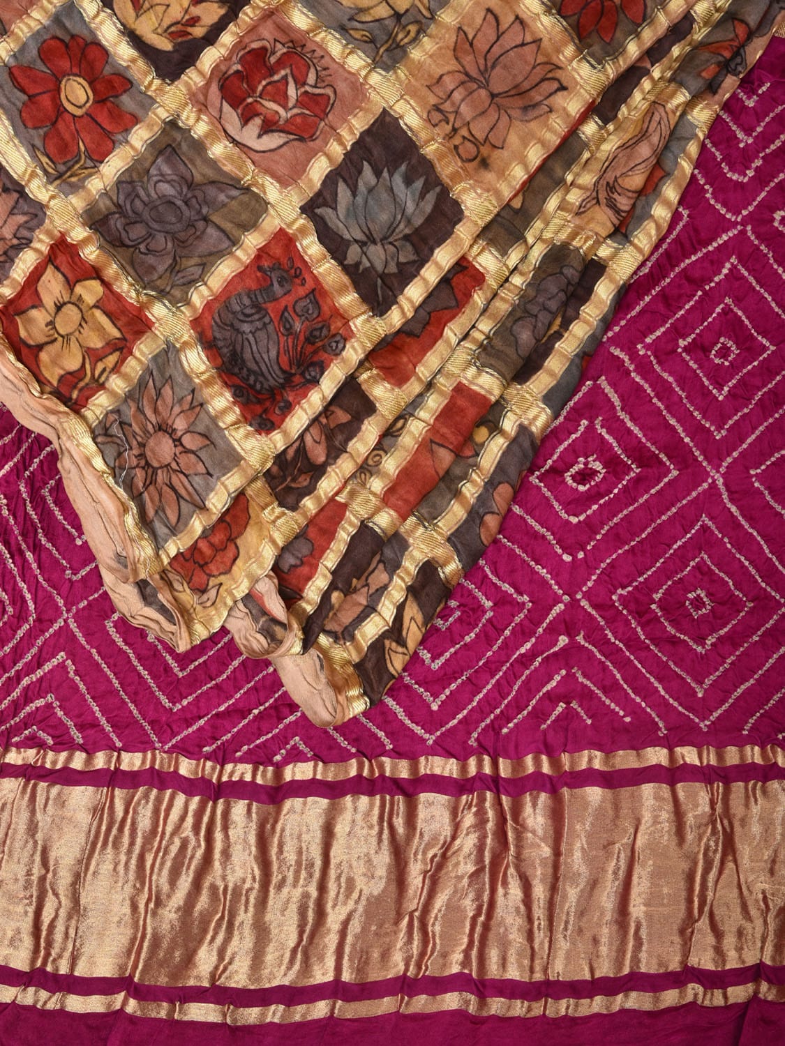 Purple Bandhani Kanchipuram Silk Handloom Saree with Kalamkari Checks Design bn0481