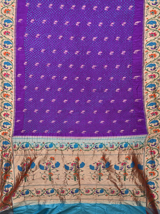 Purple Bandhani Paithani Silk Handloom Saree with Peacock Border Design bn0171
