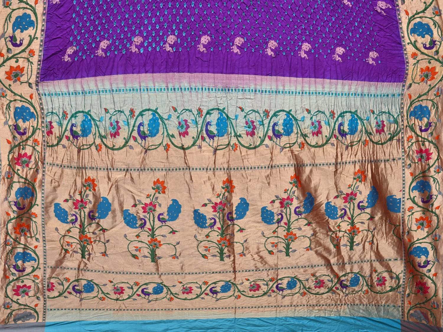 Purple Bandhani Paithani Silk Handloom Saree with Peacock Border Design bn0171