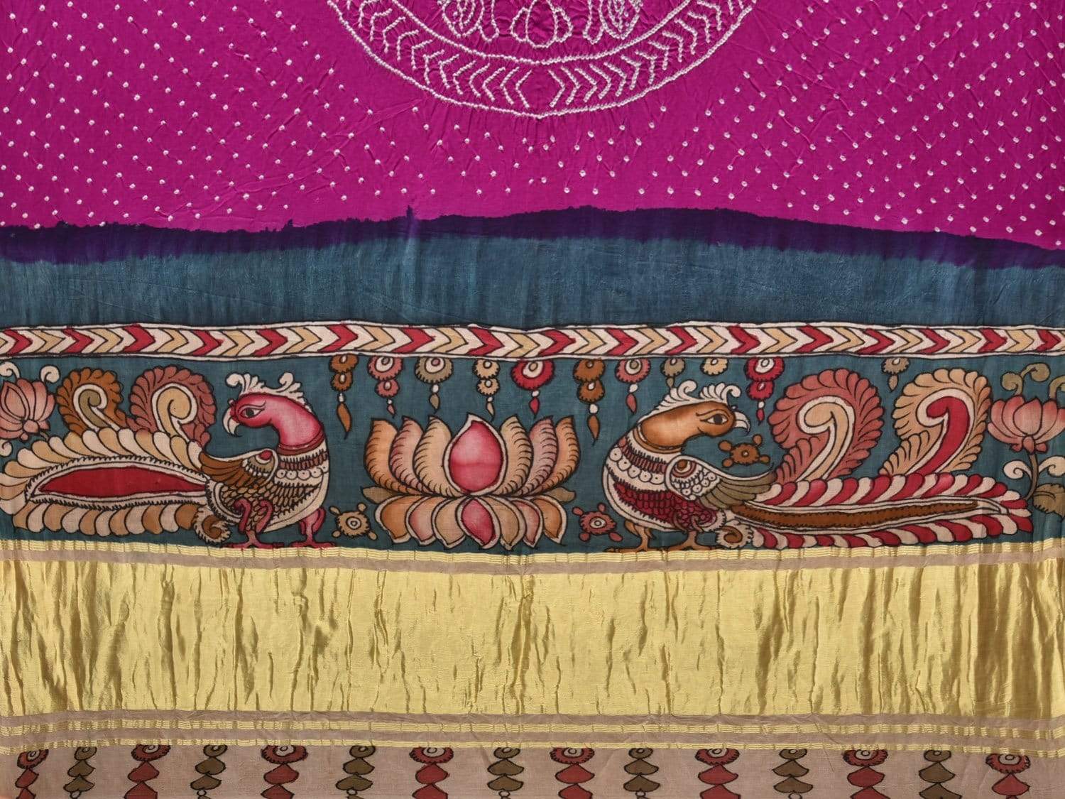Purple Bandhani Satin Silk Handloom Saree with Peacock Kalamkari Pallu Design bn0173