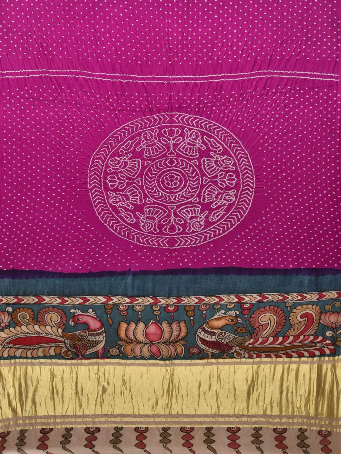 Purple Bandhani Satin Silk Handloom Saree with Peacock Kalamkari Pallu Design bn0173