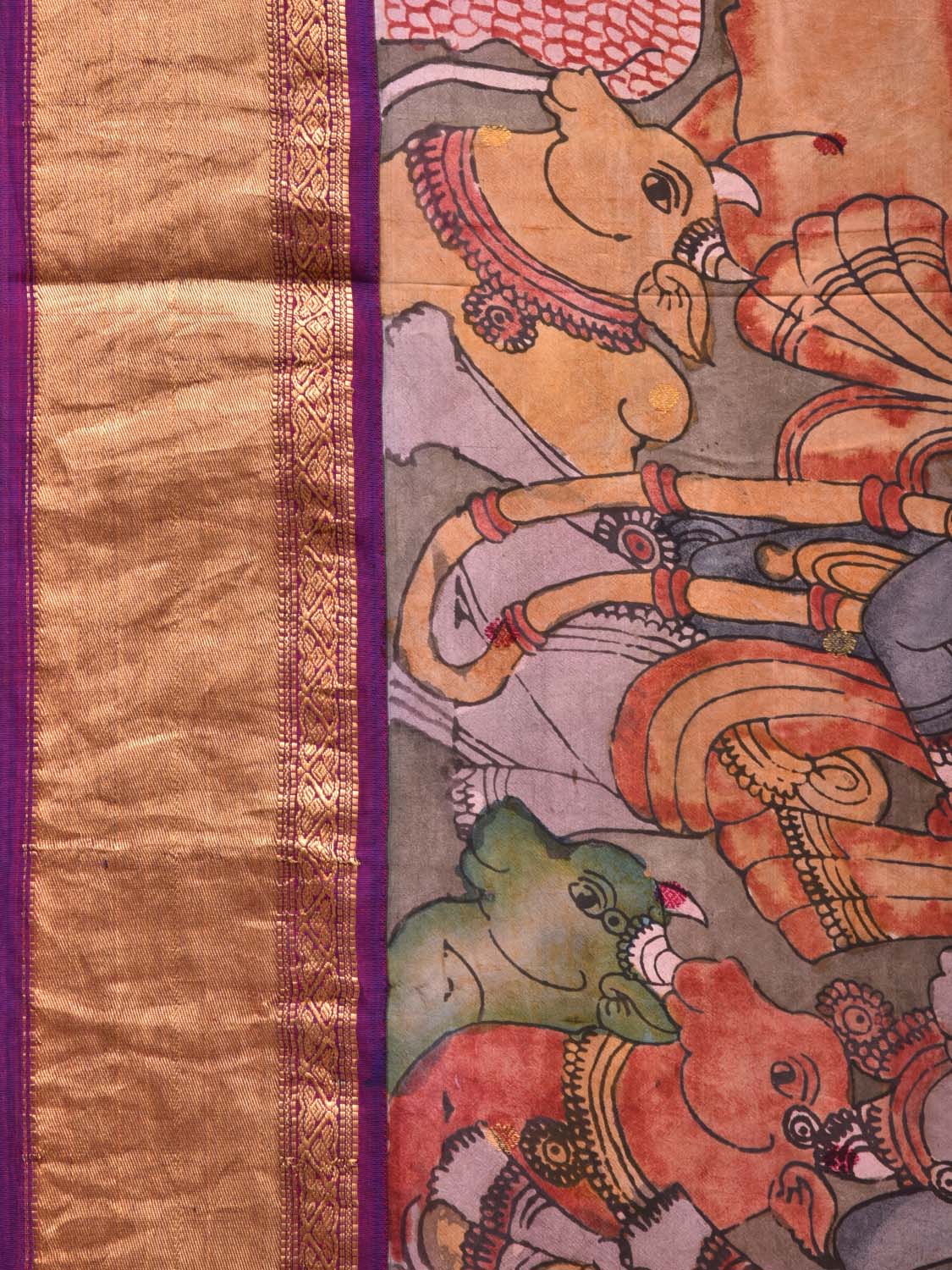 Purple Kalamkari Hand Painted Kanchipuram Silk Handloom Saree with Krishna Leela Design KL0498