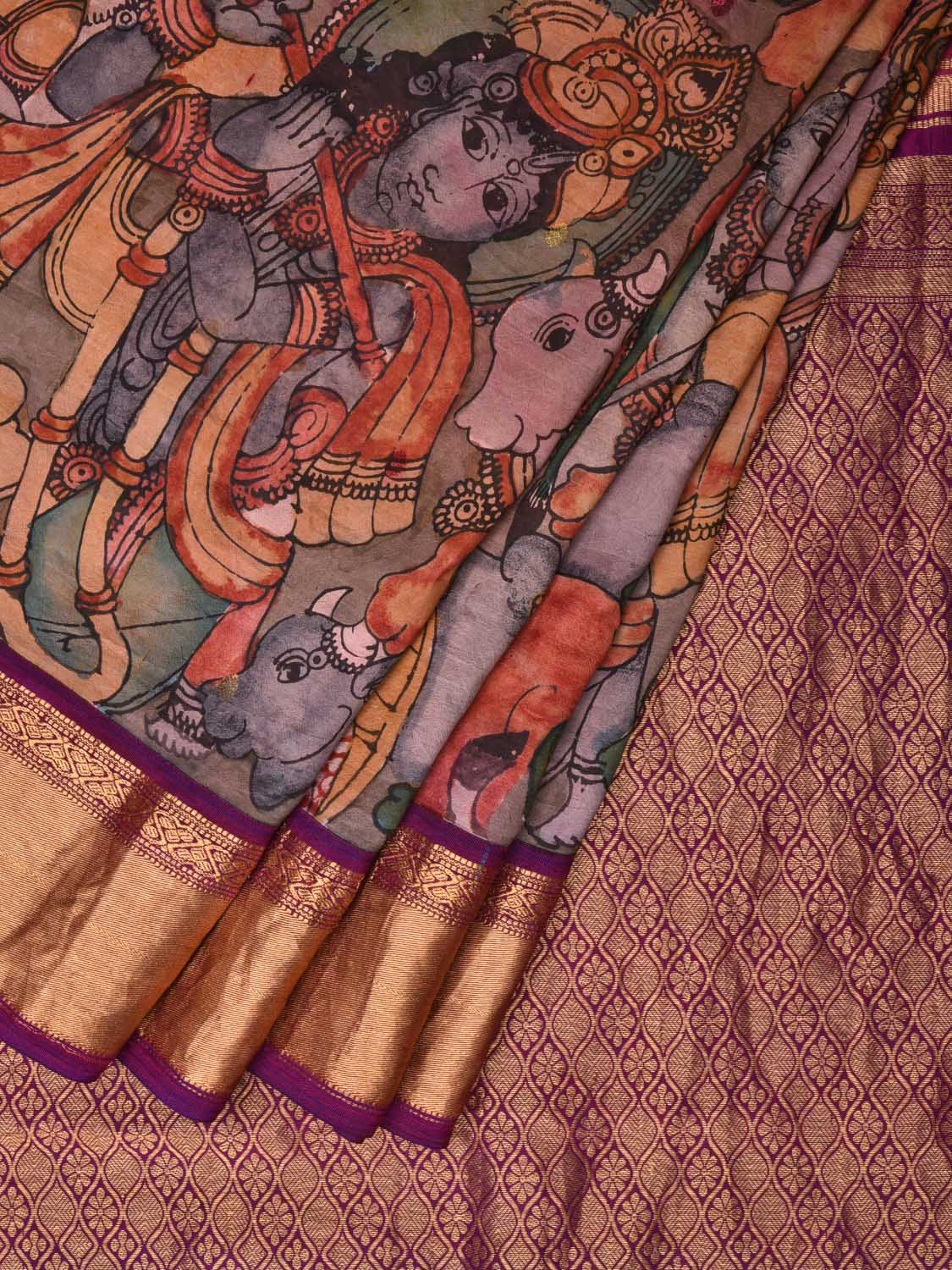 Purple Kalamkari Hand Painted Kanchipuram Silk Handloom Saree with Krishna Leela Design KL0498