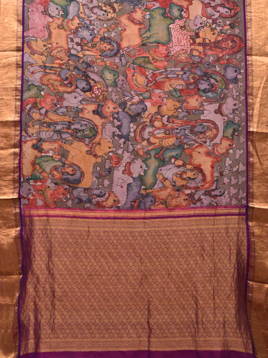 Purple Kalamkari Hand Painted Kanchipuram Silk Handloom Saree with Krishna Leela Design KL0498