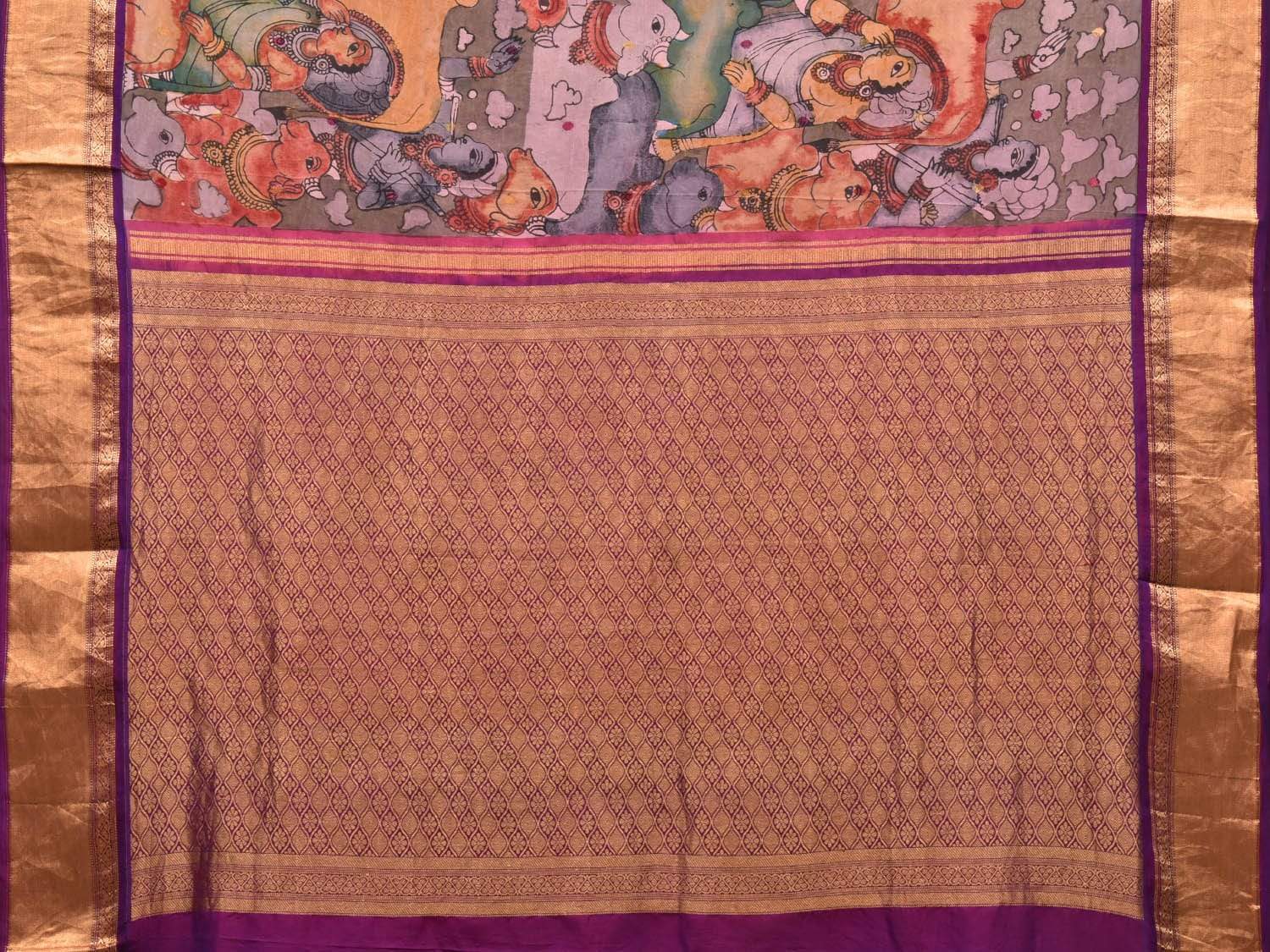 Purple Kalamkari Hand Painted Kanchipuram Silk Handloom Saree with Krishna Leela Design KL0498