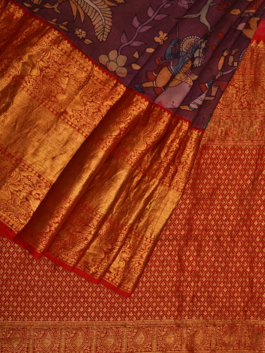 Purple Kalamkari Hand Painted Kanchipuram Silk Handloom Saree with Krishna Leela Design KL0670