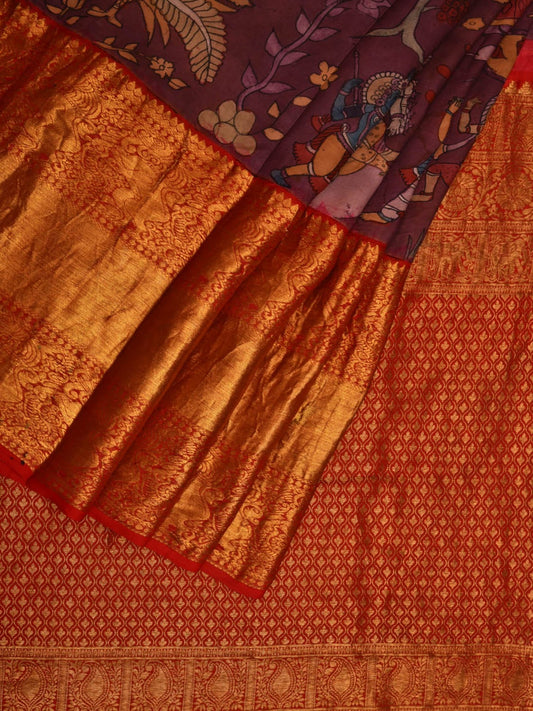 Purple Kalamkari Hand Painted Kanchipuram Silk Handloom Saree with Krishna Leela Design KL0670