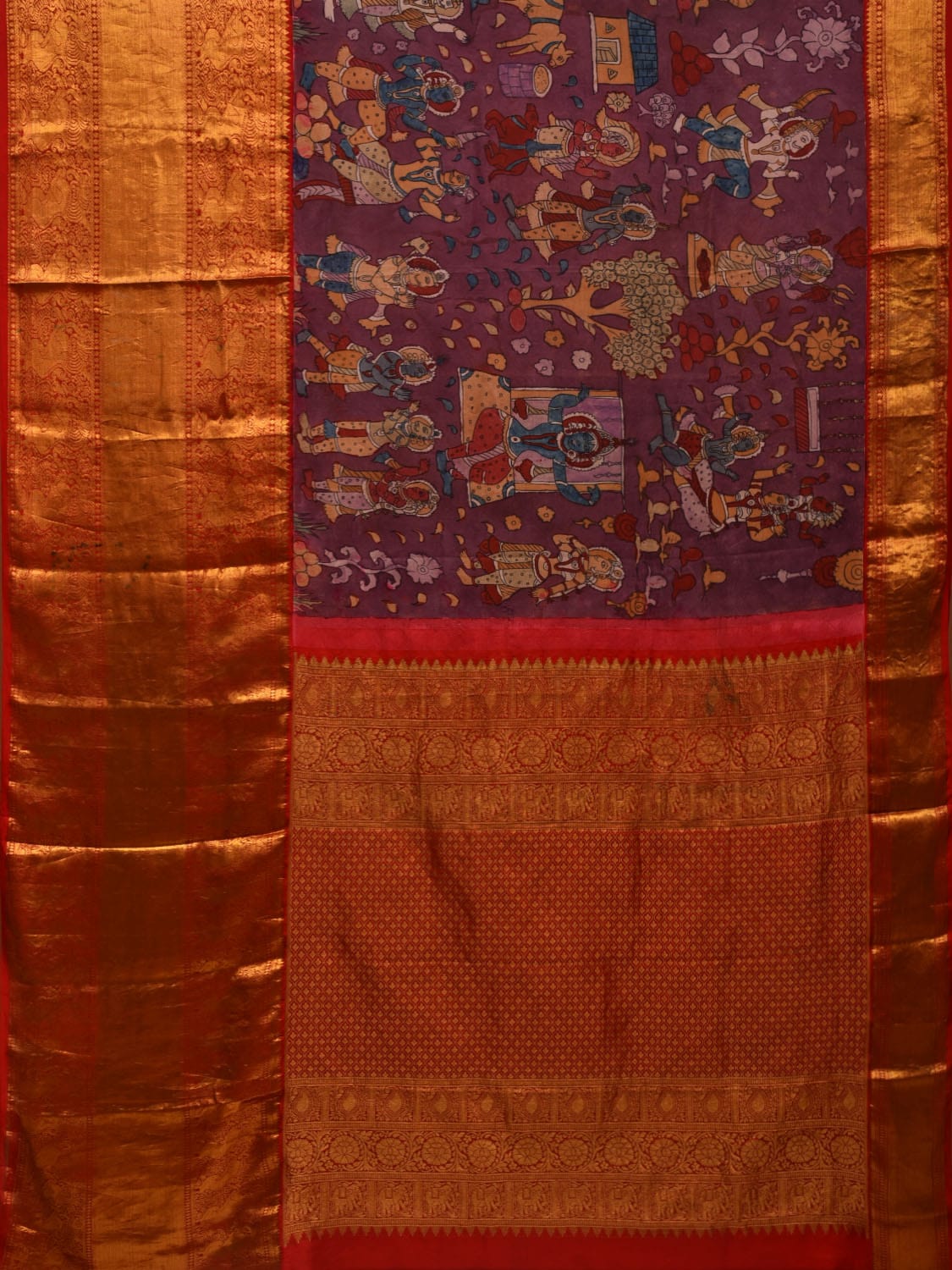 Purple Kalamkari Hand Painted Kanchipuram Silk Handloom Saree with Krishna Leela Design KL0670