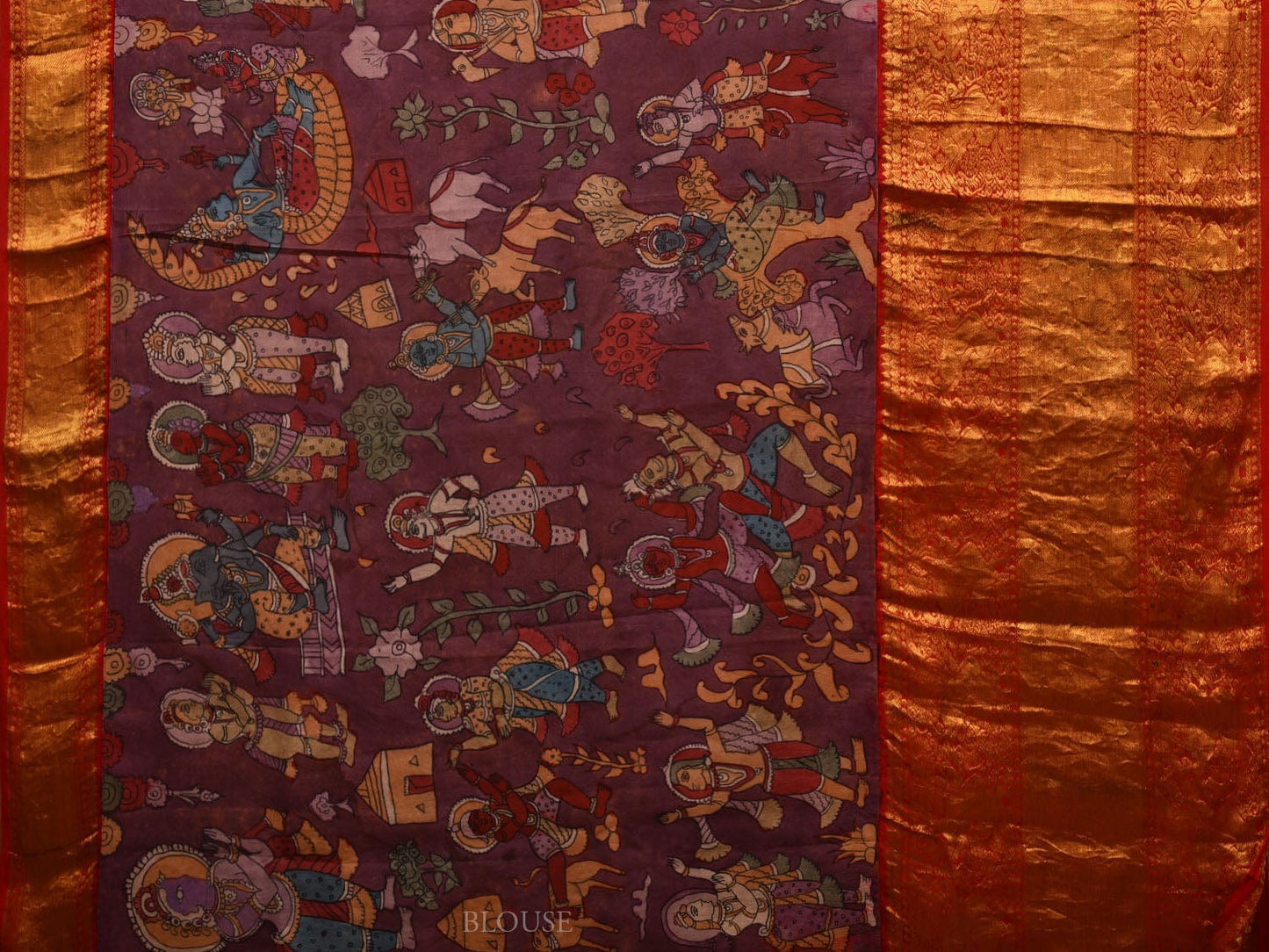 Purple Kalamkari Hand Painted Kanchipuram Silk Handloom Saree with Krishna Leela Design KL0670