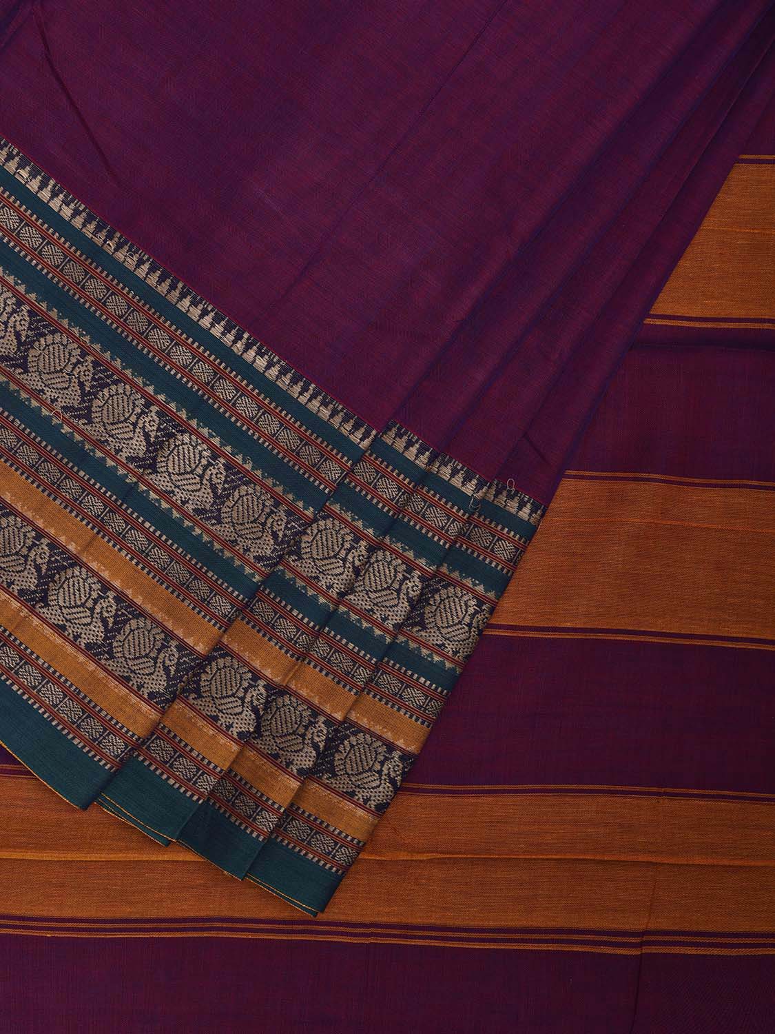 Purple Kanchipuram Cotton Plain Saree with Strips Pallu and Border Design No Blouse k0836