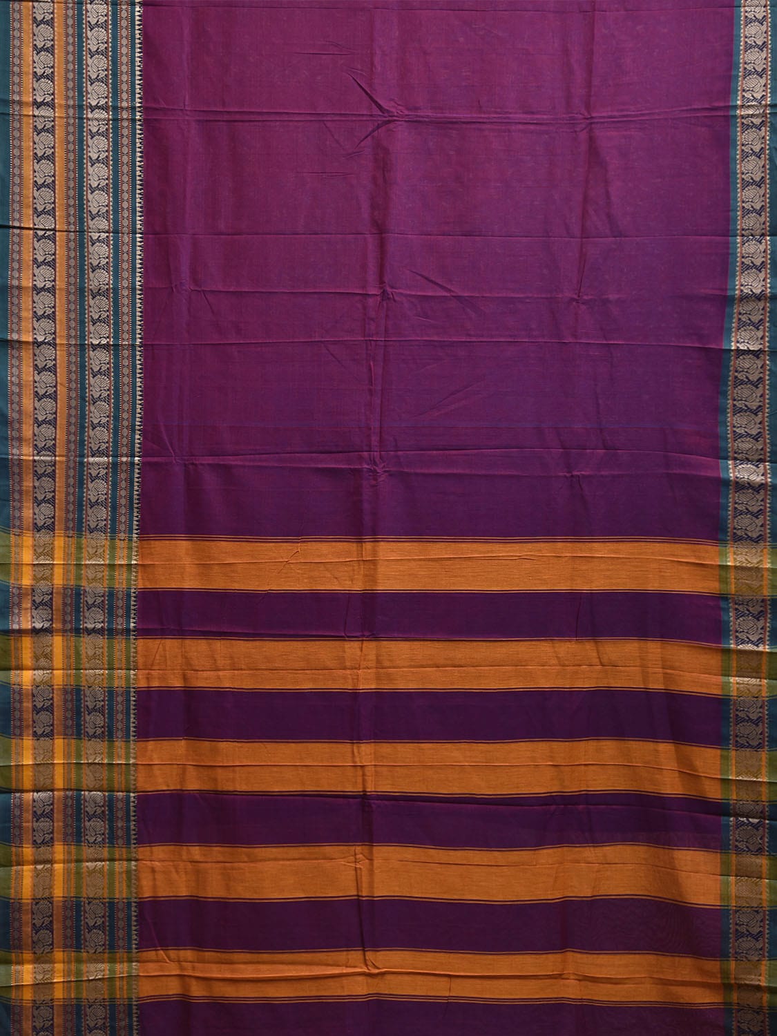 Purple Kanchipuram Cotton Plain Saree with Strips Pallu and Border Design No Blouse k0836