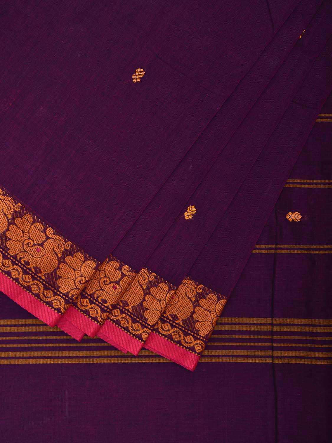 Purple Kanchipuram Cotton Saree with Peacocks Border Design k0815