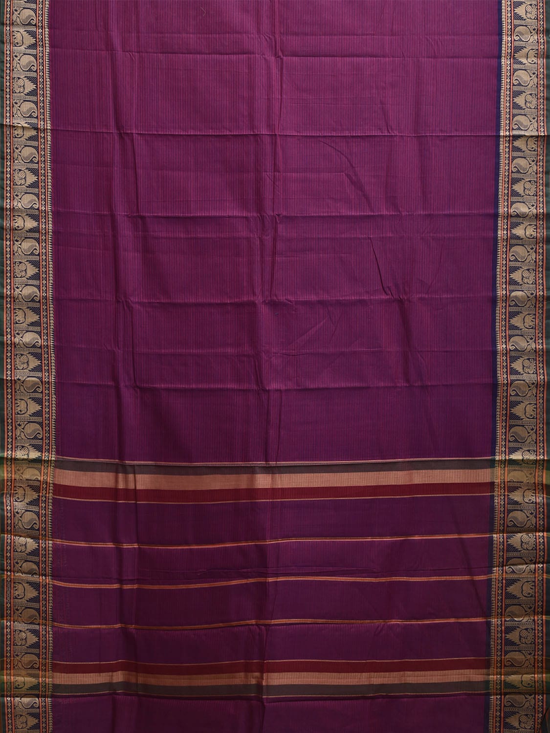 Purple Kanchipuram Cotton Saree with Strips Pallu and Border Design k0865