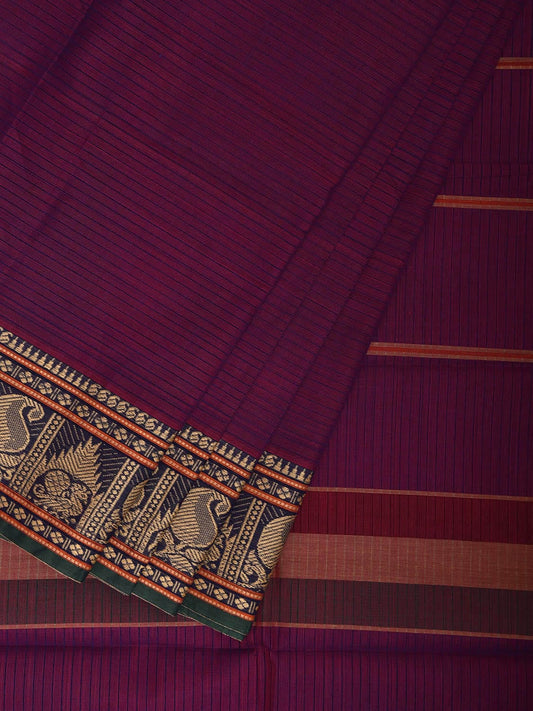 Purple Kanchipuram Cotton Saree with Strips Pallu and Border Design k0865