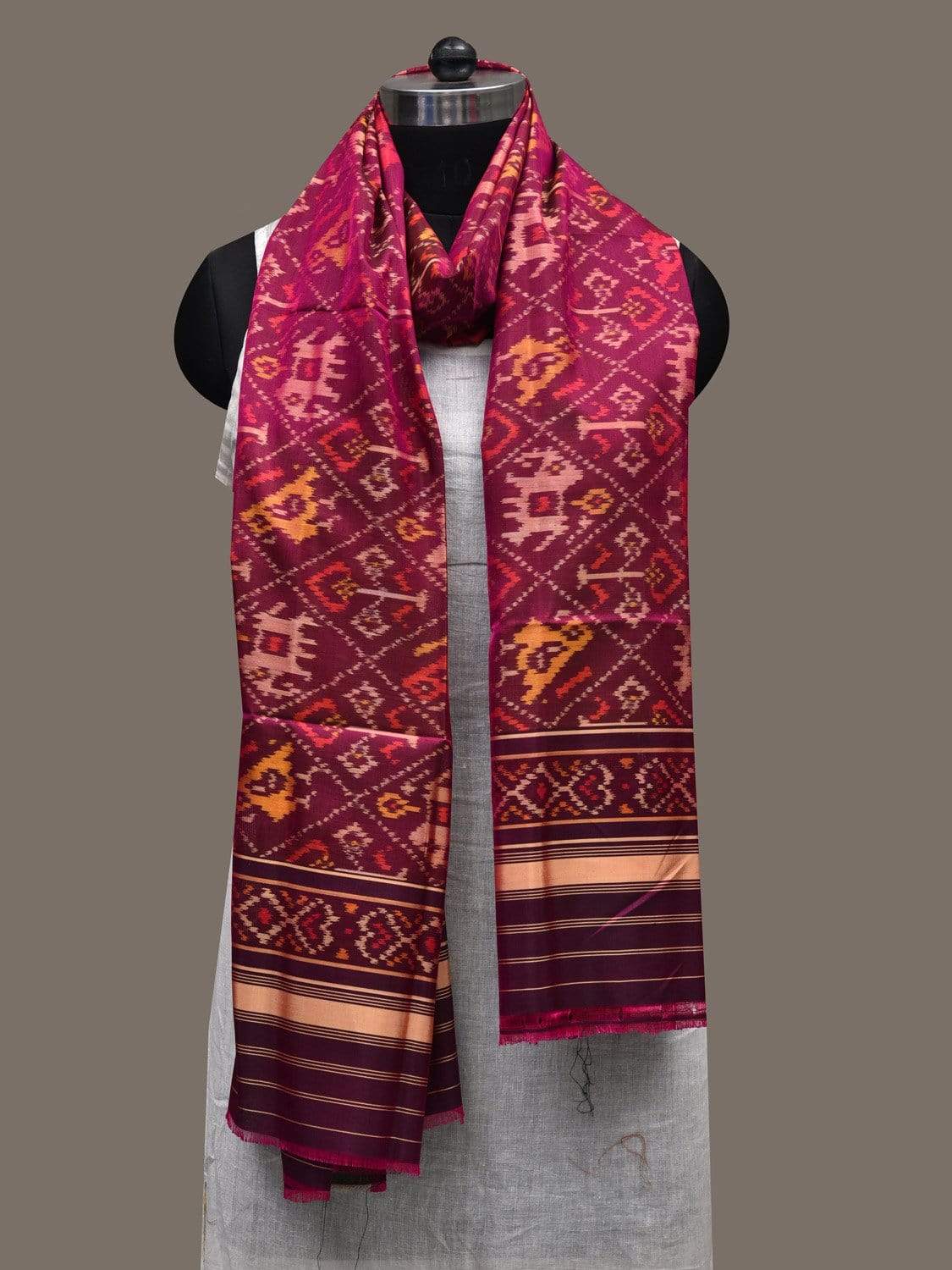 Purple Pochampally Ikat Silk Handloom Dupatta with Elephant and Parrot Design ds2459