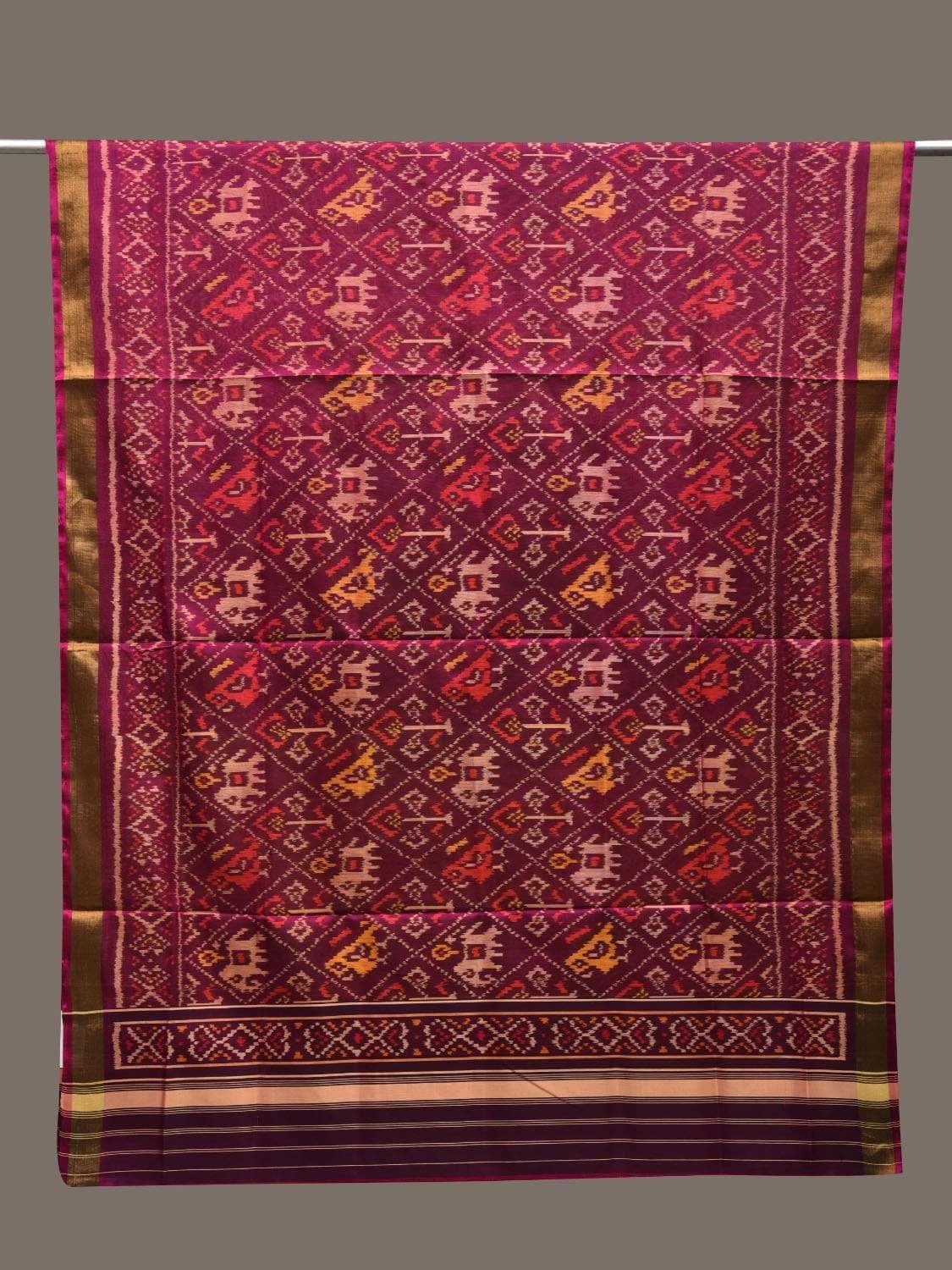 Purple Pochampally Ikat Silk Handloom Dupatta with Elephant and Parrot Design ds2459