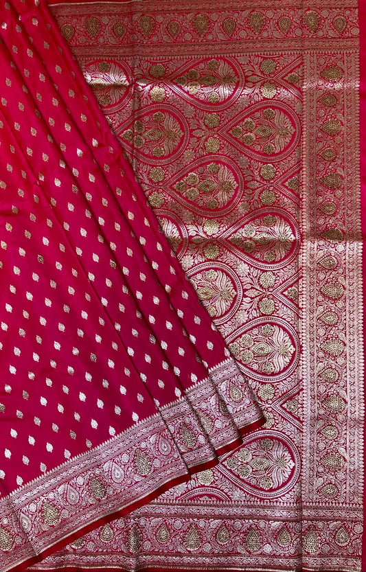 Rani Pink Banaras Katan Silk Saree with Body Butti and Stone Work Design b0163ds