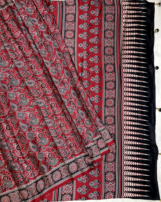 Red Ajrakh Print Saree with Floral Design pr0053ap