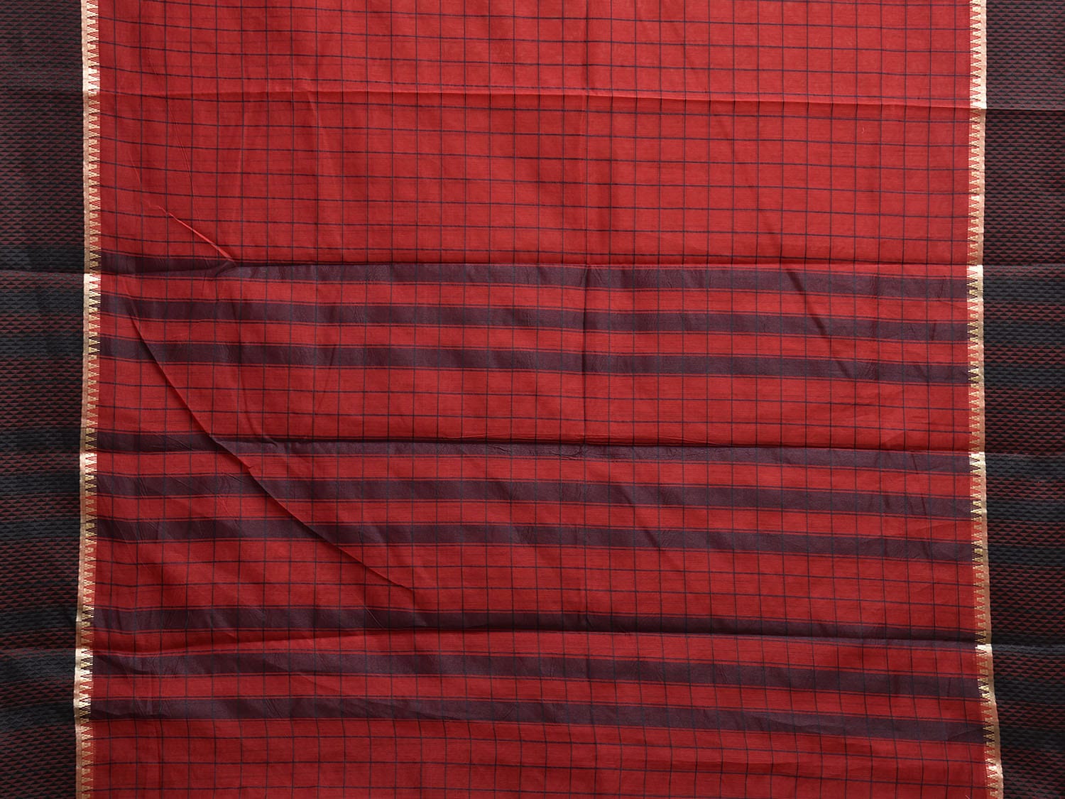Red and Black Bamboo Cotton Saree with Big Checks Design No Blouse bc0828