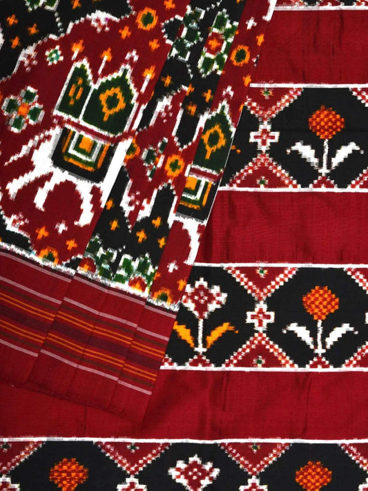 Red and Black Pochampally Double Ikat Silk Handloom Saree with Elephants Design i0587