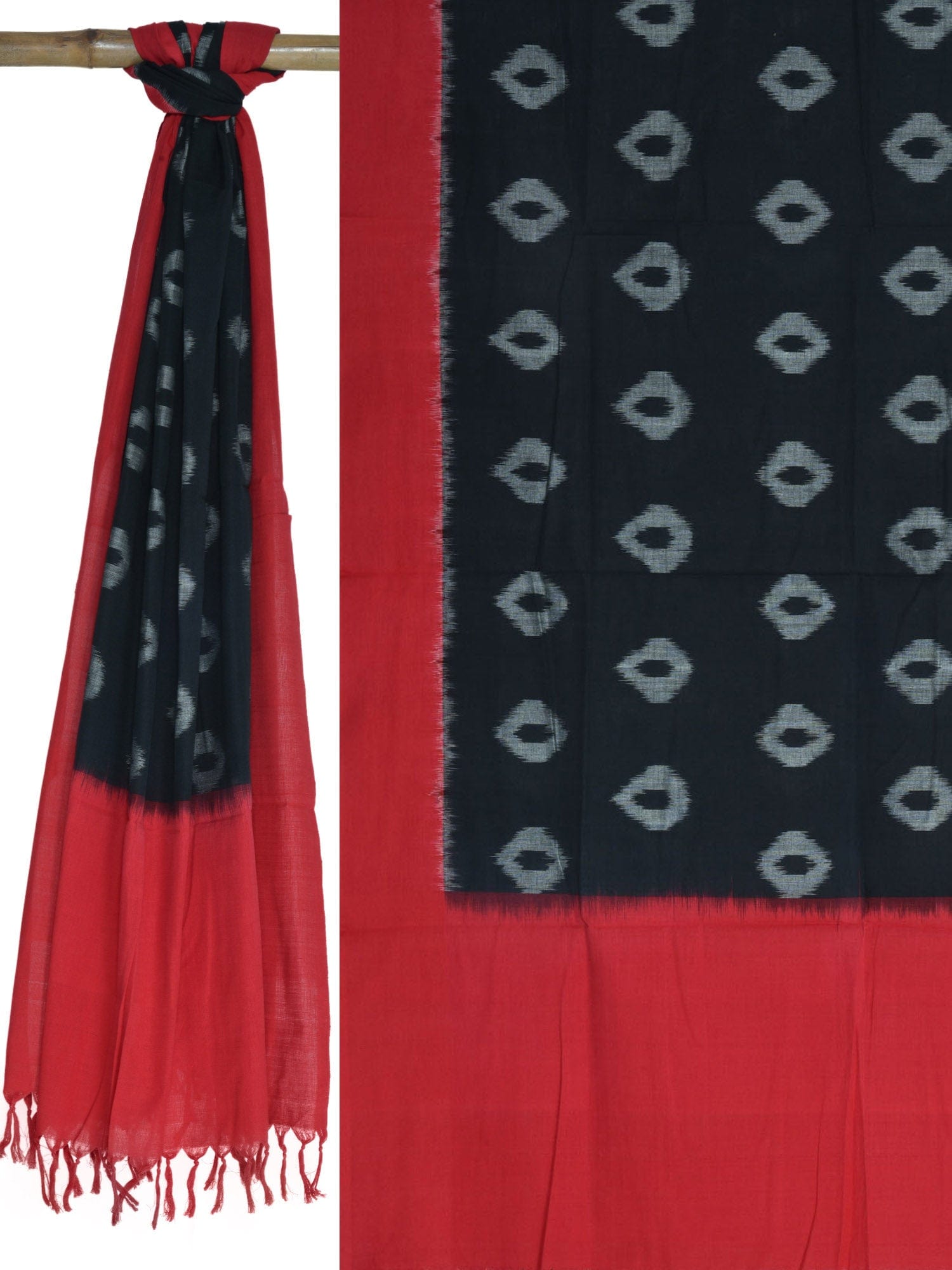 Red and Black Pochampally Ikat Cotton Handloom Dupatta with Buta Design ds1613