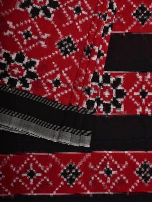 Red and Black Pochampally Ikat Cotton Handloom Saree with Telia Design i0670