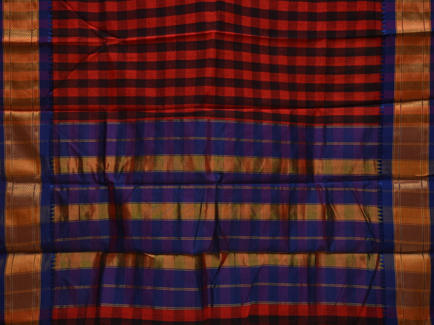 Red and Blue Bamboo Cotton Saree with Checks Design bc0035