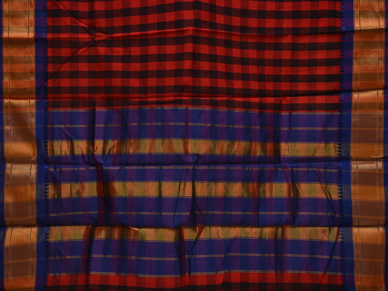 Red and Blue Bamboo Cotton Saree with Checks Design bc0035