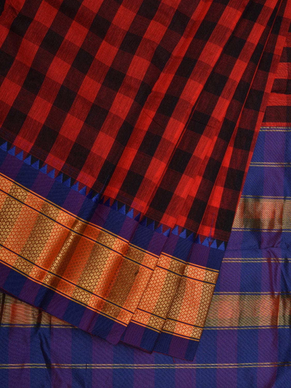 Red and Blue Bamboo Cotton Saree with Checks Design bc0035