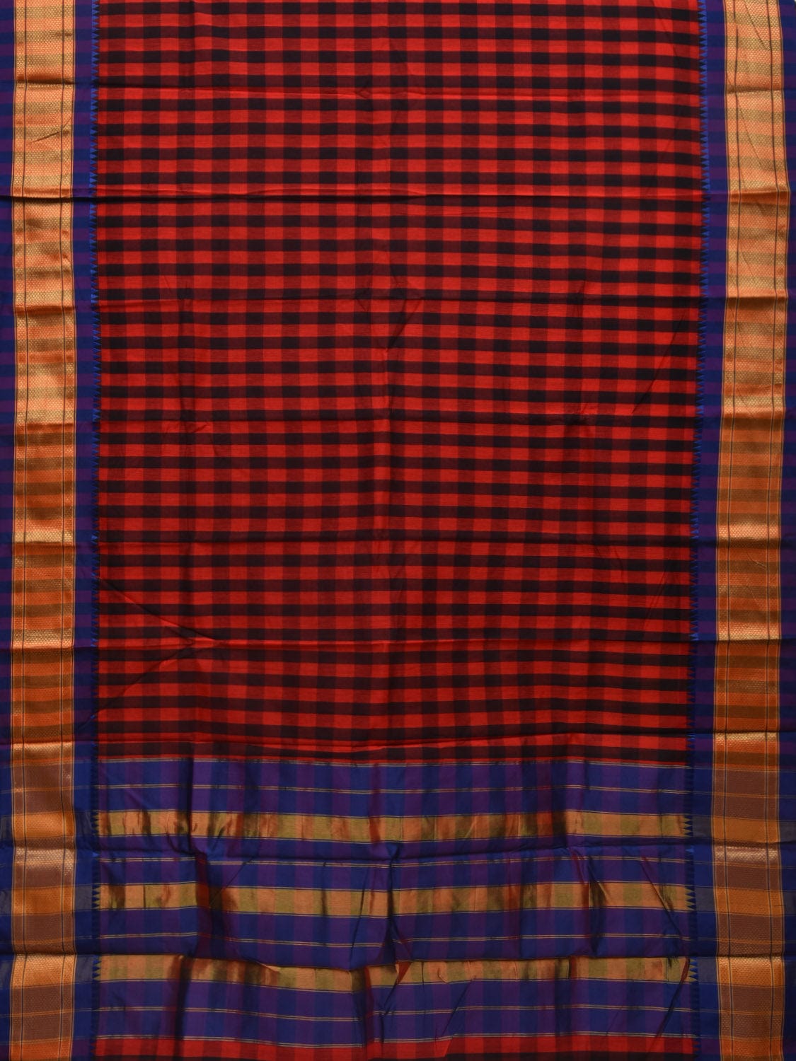 Red and Blue Bamboo Cotton Saree with Checks Design bc0035