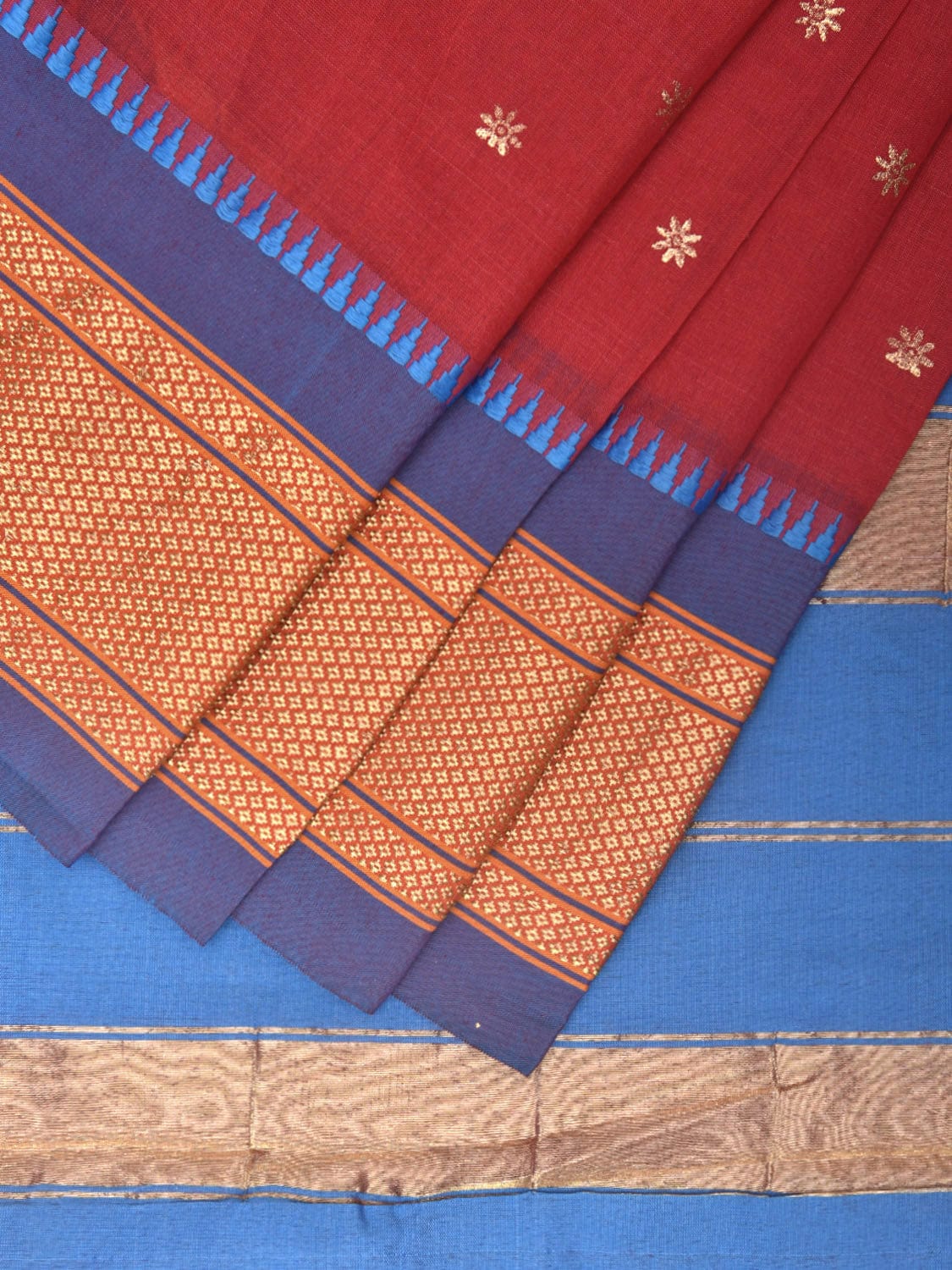 Red and Blue Bamboo Cotton Saree with Printed Buta Design No Blouse bc0360
