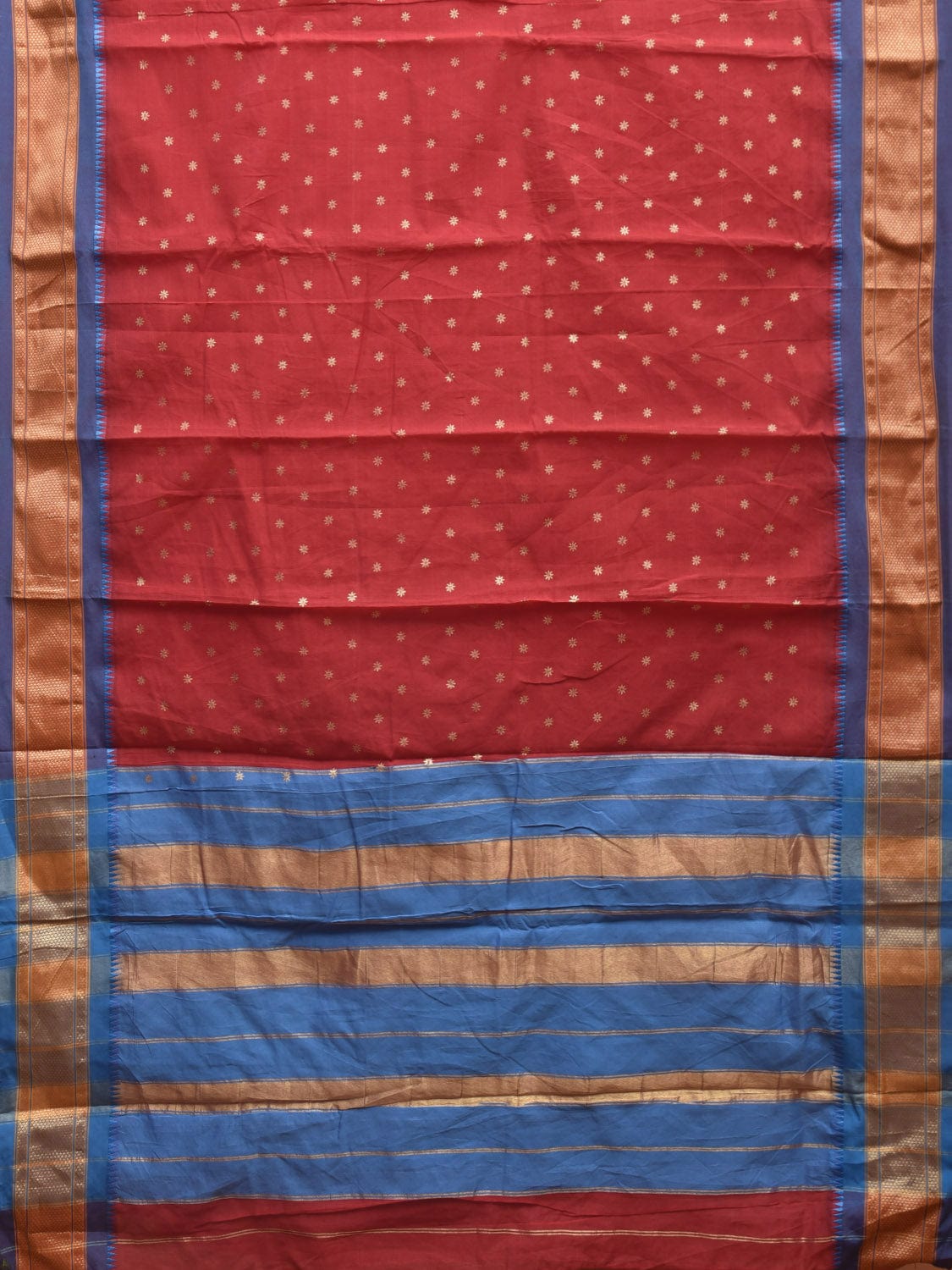 Red and Blue Bamboo Cotton Saree with Printed Buta Design No Blouse bc0360