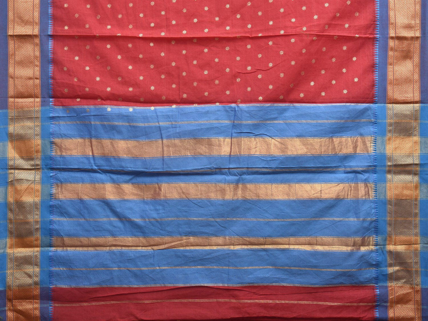 Red and Blue Bamboo Cotton Saree with Printed Buta Design No Blouse bc0360