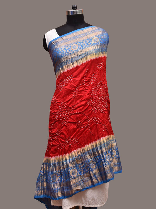 Red and Blue Bandhani Kalamkari Hand Painted Kanchipuram Silk Handloom Dupatta with Floral and Birds Design ds3637