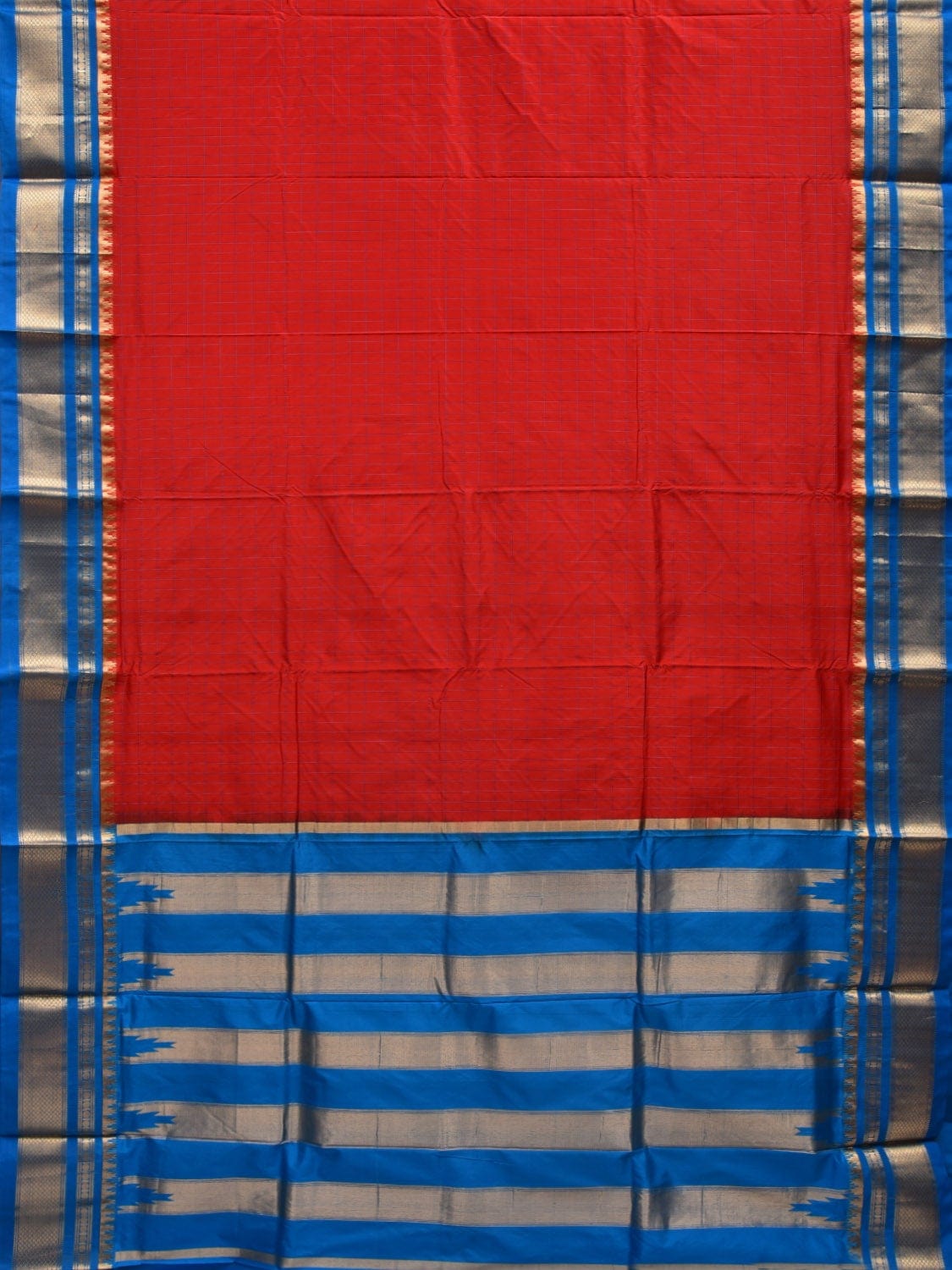 Red and Blue Gadwal Silk Handloom Saree with Checks Design g0288