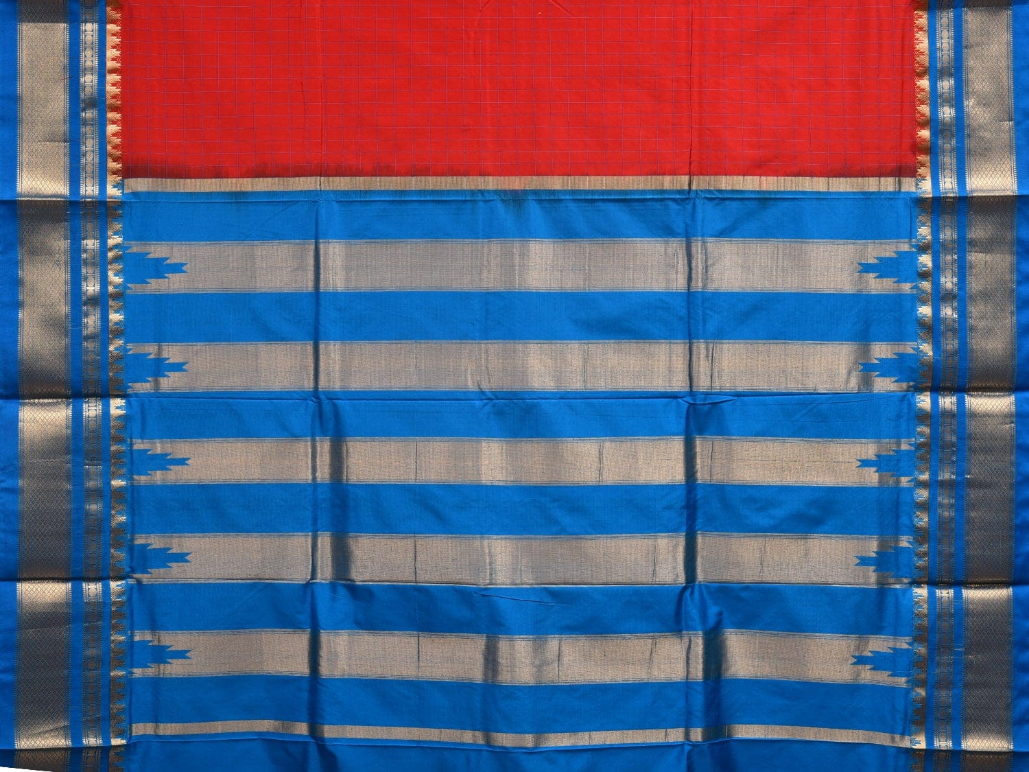 Red and Blue Gadwal Silk Handloom Saree with Checks Design g0288