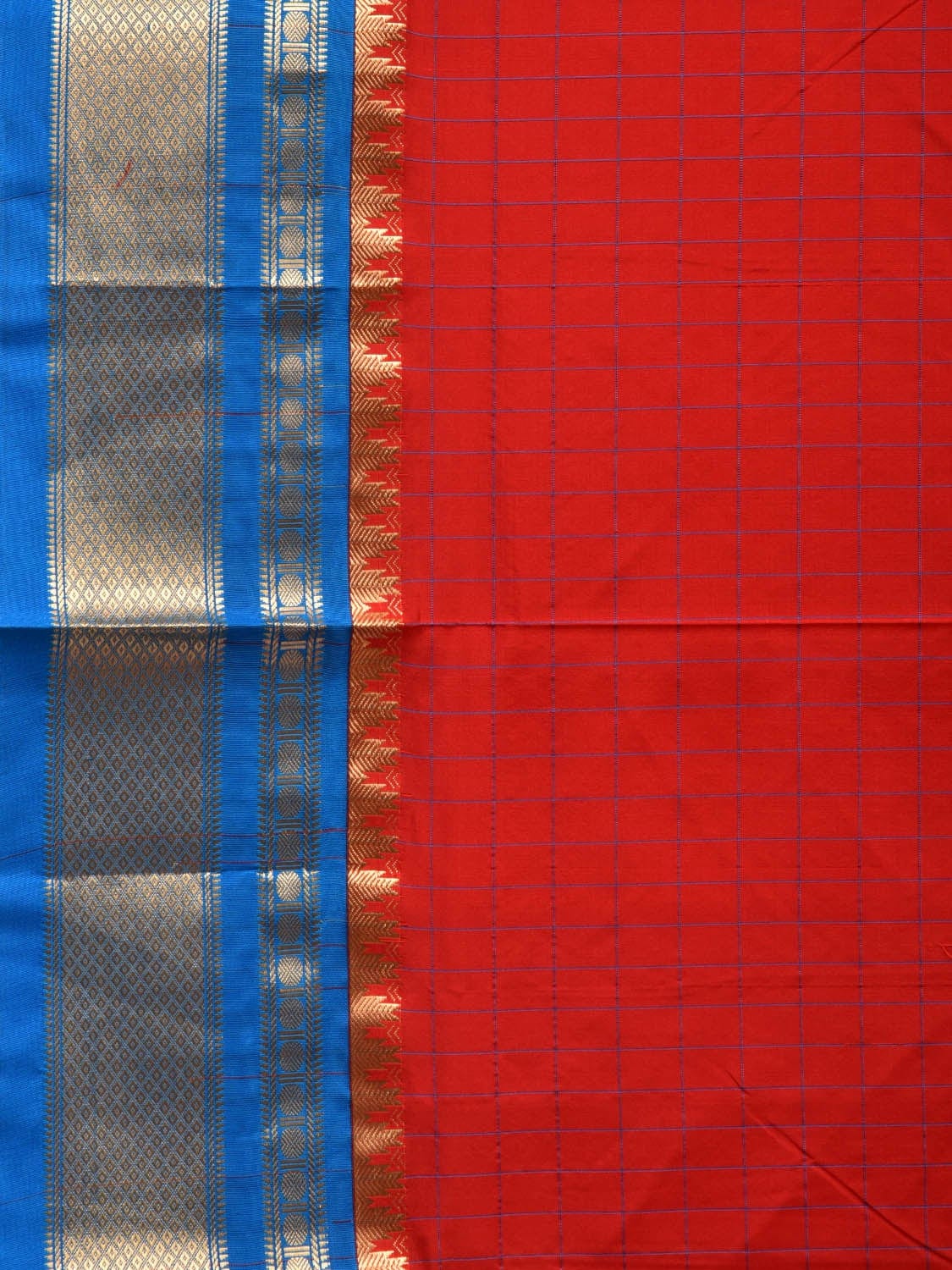 Red and Blue Gadwal Silk Handloom Saree with Checks Design g0288