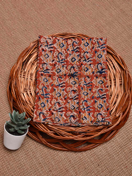 Red and Blue Kalamkari Block Print Cotton Blouse with Geometric Design Length 1mt Width 44 Inches BL0134