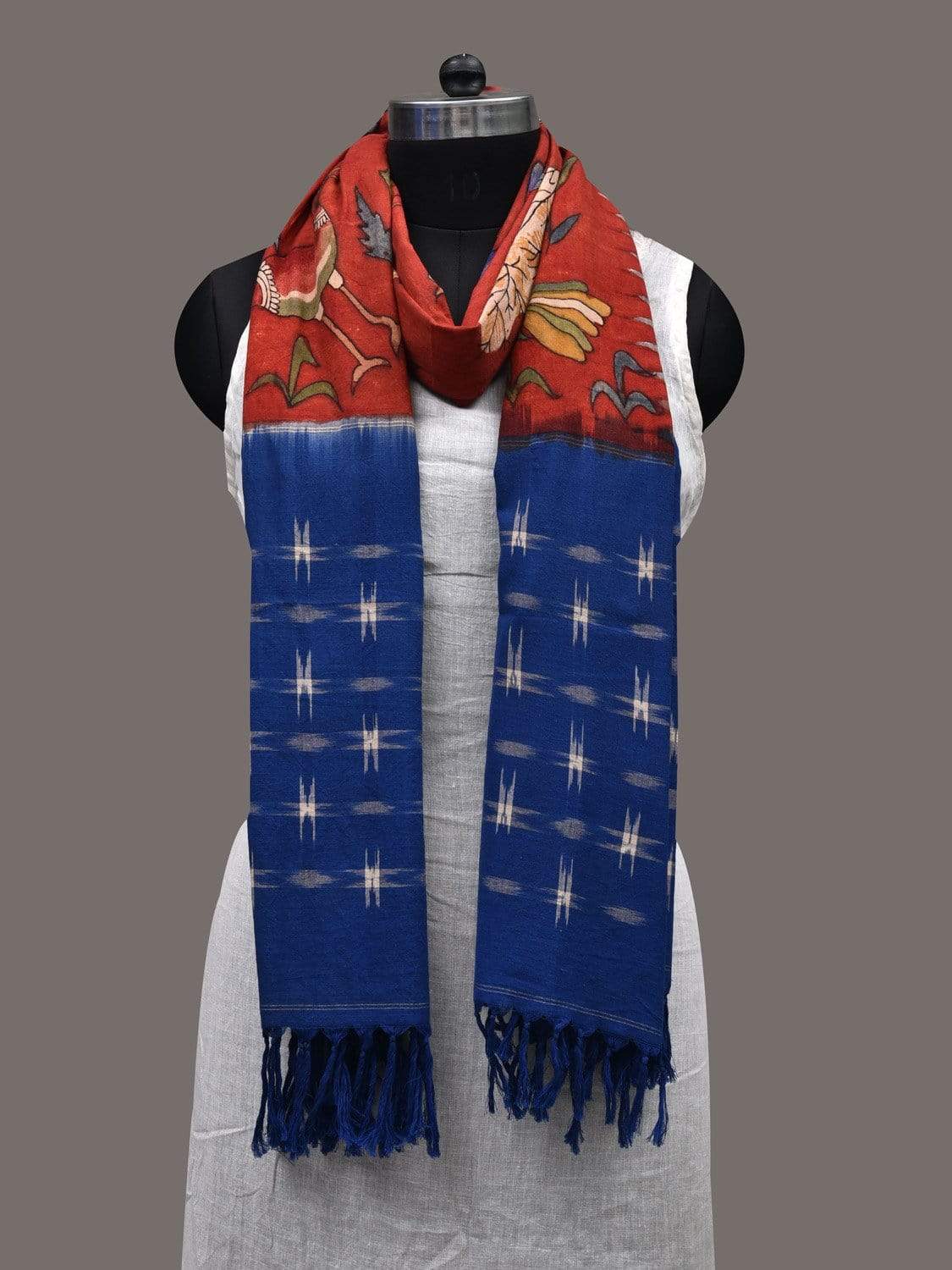 Red and Blue Kalamkari Hand Painted Ikat Cotton Handloom Dupatta with Birds Design ds2420