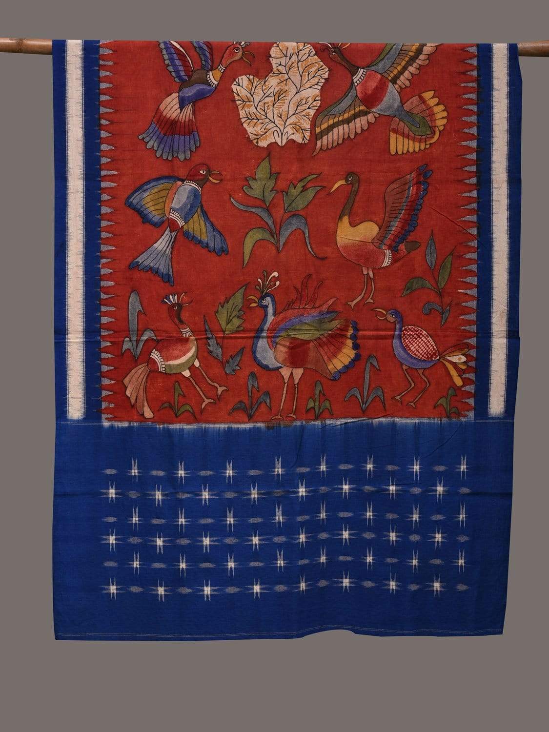 Red and Blue Kalamkari Hand Painted Ikat Cotton Handloom Dupatta with Birds Design ds2420