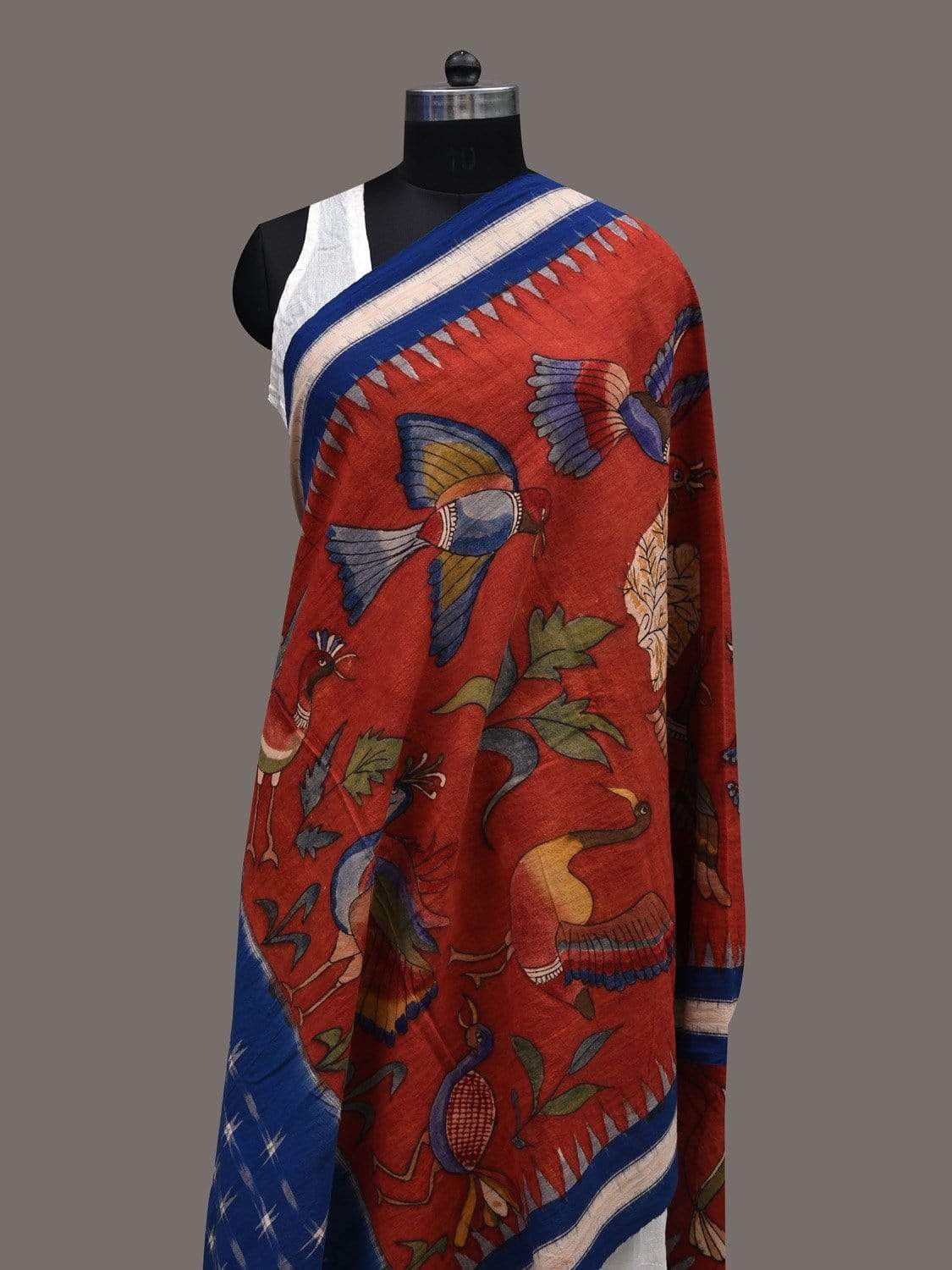 Red and Blue Kalamkari Hand Painted Ikat Cotton Handloom Dupatta with Birds Design ds2420