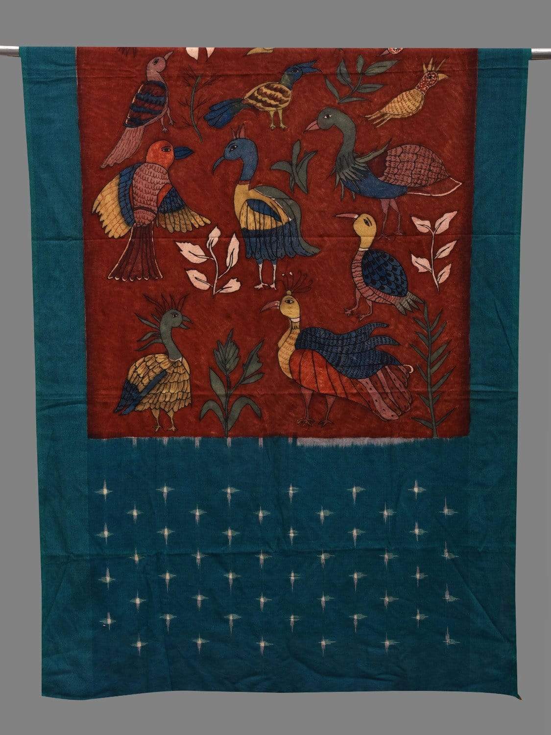Red and Blue Kalamkari Hand Painted Ikat Cotton Handloom Dupatta with Birds Design ds2601