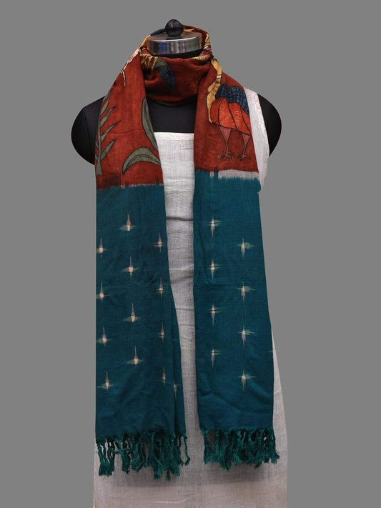 Red and Blue Kalamkari Hand Painted Ikat Cotton Handloom Dupatta with Birds Design ds2601