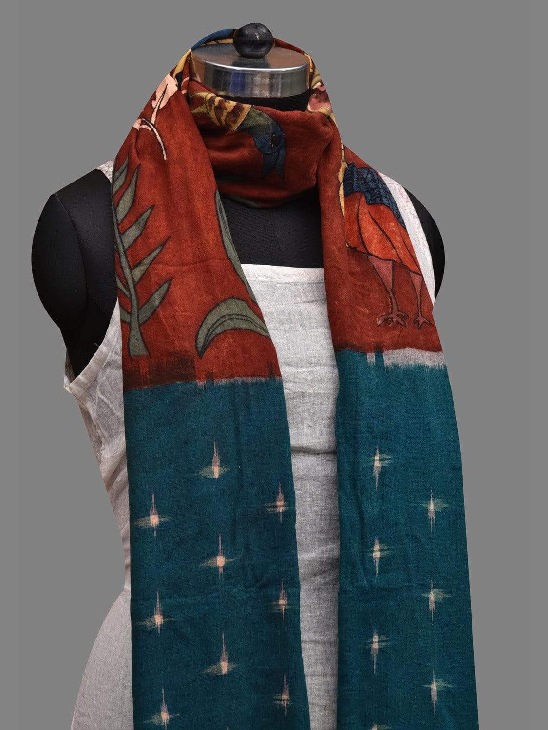 Red and Blue Kalamkari Hand Painted Ikat Cotton Handloom Dupatta with Birds Design ds2601