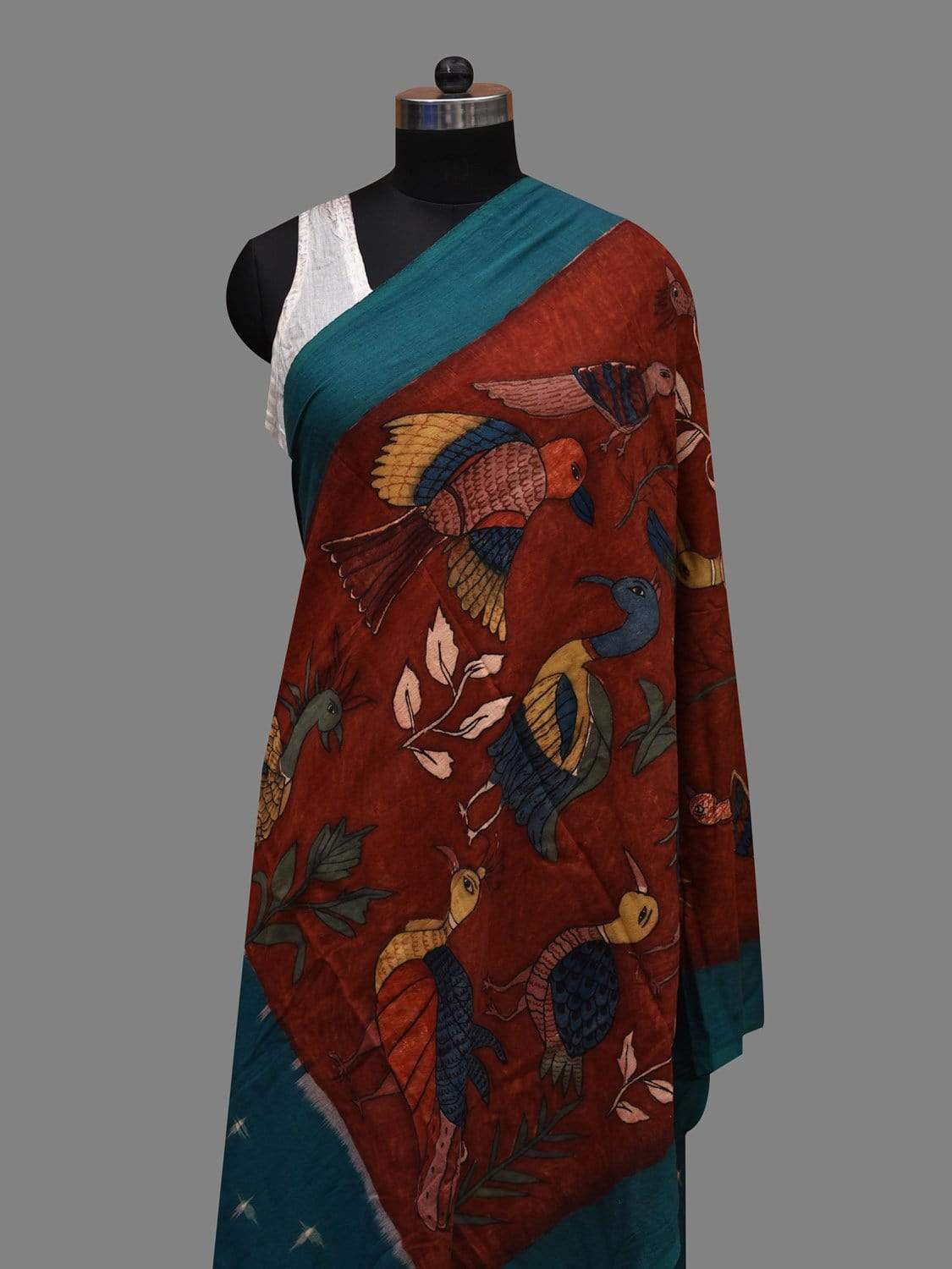 Red and Blue Kalamkari Hand Painted Ikat Cotton Handloom Dupatta with Birds Design ds2601