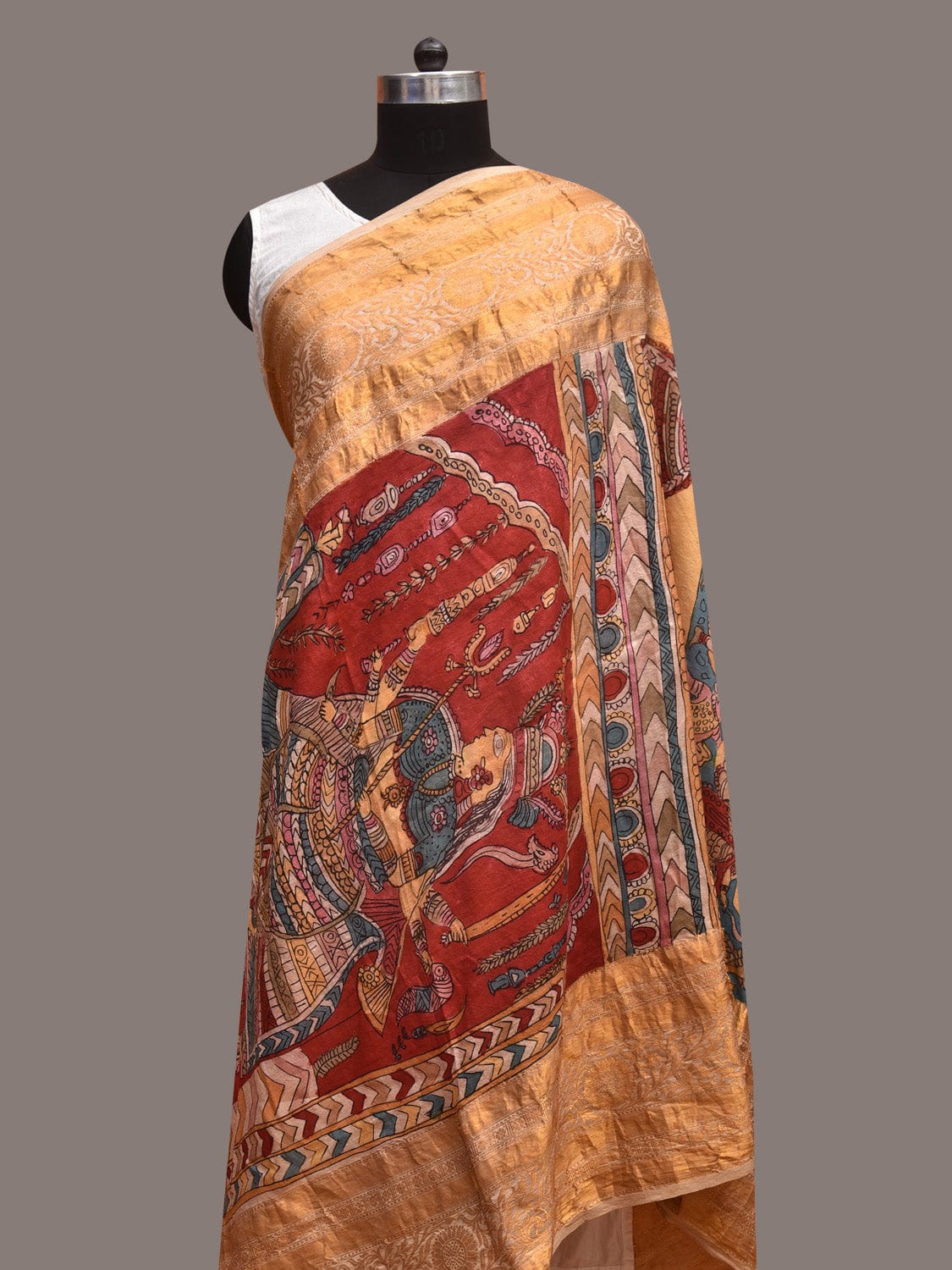 Red and Blue Kalamkari Hand Painted Kanchipuram Silk Handloom Dupatta with Durga Design ds3597