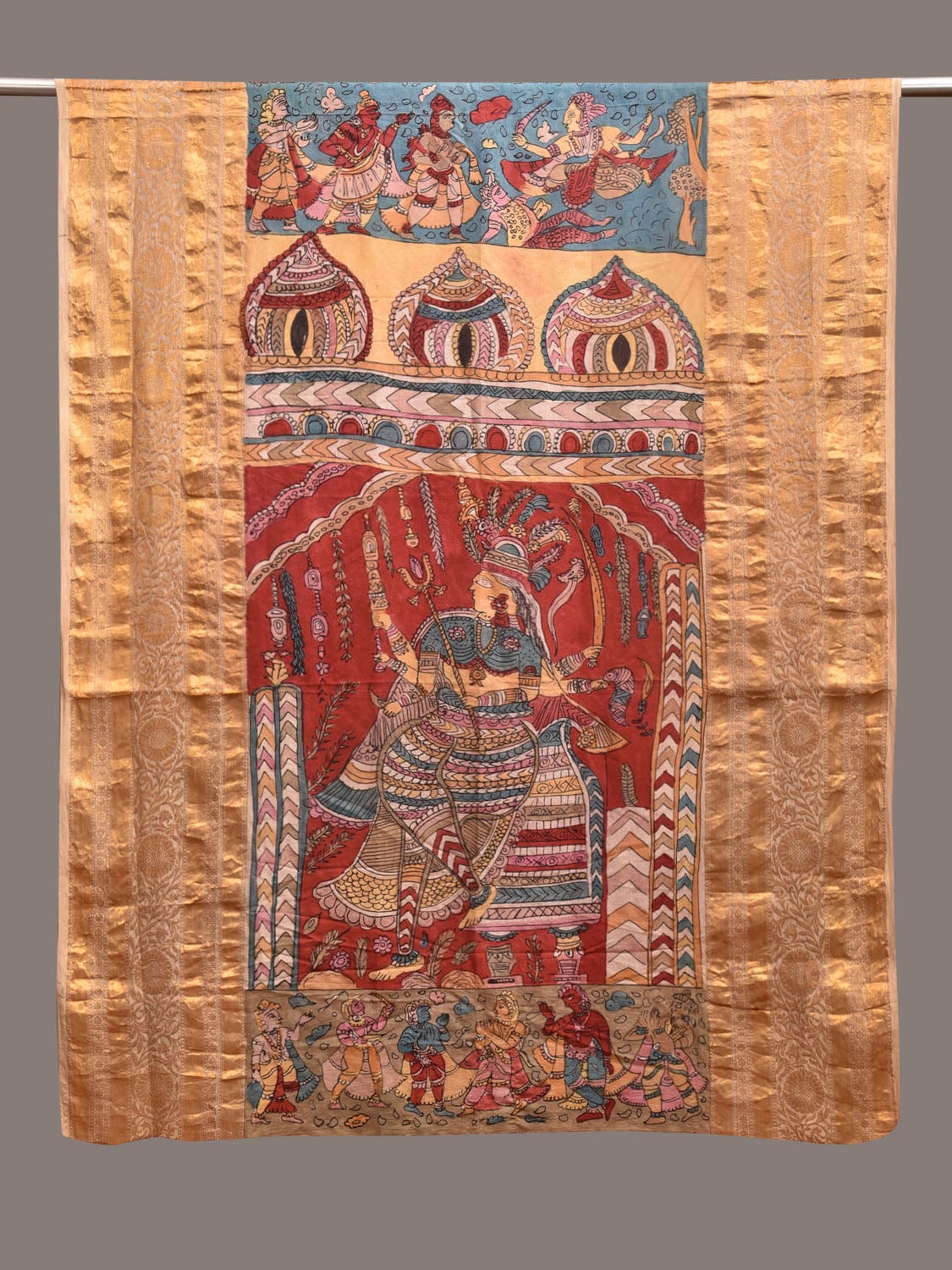 Red and Blue Kalamkari Hand Painted Kanchipuram Silk Handloom Dupatta with Durga Design ds3597